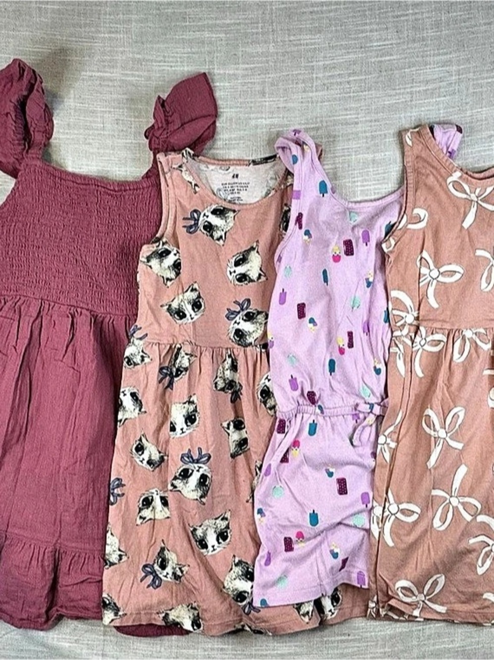 H&M, and Cat & Jack Girls Dresses Lot of 4 Bow Print, Cats Popsicle, Girls' 6/7